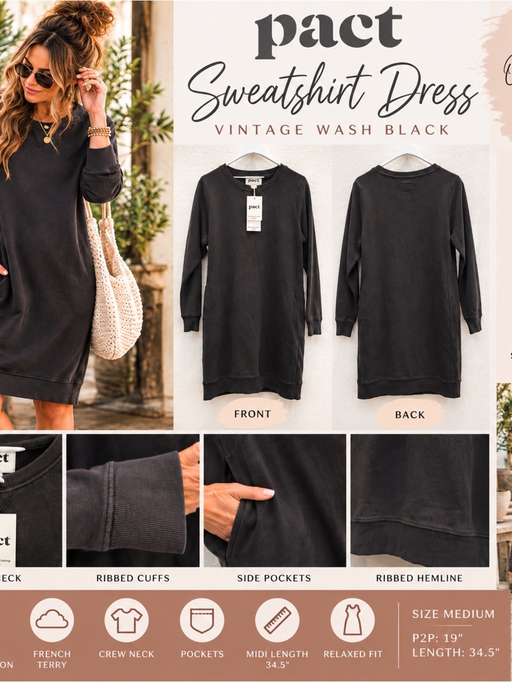 NWT Pact Organic Cotton French Terry Sweatshirt Dress Vintage Wash Black M
